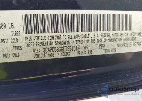 2014 Dodge Journey Sxt z USA, uszkodzony, nr VIN 3C4PDDBG6ET251510